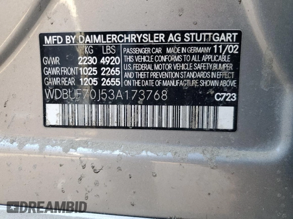 2003 Mercedes-Benz E-Class 5.0L with VIN WDBUF70J53A173768, listed as a Copart auction lot 87950675 with 0 mi miles and Salvage Title. Bid and sale history available at carsss.com. Image 12.