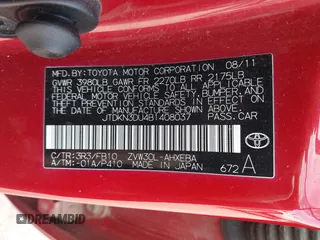 2011 Toyota Prius I with VIN JTDKN3DU4B1408037, listed as a IAAI auction lot 42145046 with 236,107 mi miles and . Bid and sale history available at DreamBid. Image 9.