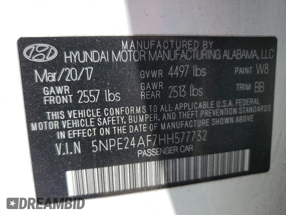 2017 Hyundai Sonata SE z VIN 5NPE24AF7HH577732, wystawiony jako Copart lot #54392035 z przebiegiem 74 327 mil mil oraz Szkoda całkowita • Salvage title. Historia ofert i sprzedaży dostępna na DreamBid. Obrazek 12.