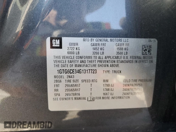 2016 GMC Canyon 4WD SLE with VIN 1GTG6CE34G1317723, listed as a Copart auction lot 68897634 with 61,975 mi miles and Salvage Title. Bid and sale history available at carsss.com. Image 14.