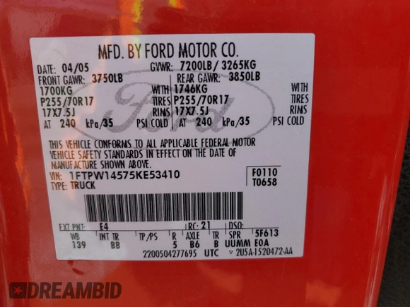 2005 Ford F-150 XLT z VIN 1FTPW14575KE53410, wystawiony jako Copart lot #48061225 z przebiegiem 126 503 mil mil oraz Szkoda całkowita • Salvage title. Historia ofert i sprzedaży dostępna na DreamBid. Obrazek 13.