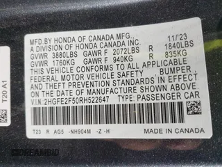 2024 Honda Civic Sport with VIN 2HGFE2F50RH522647, listed as a IAAI auction lot 42004321 with 30,768 mi miles and . Bid and sale history available at DreamBid. Image 9.