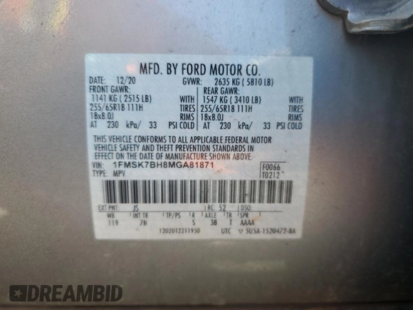 2021 Ford Explorer с VIN 1FMSK7BH8MGA81871, выставлен на аукционе Copart как лот 55264895 с пробегом 49 491 миль миль и Списание • Salvage title. История ставок и продаж доступна на DreamBid. Изображение 14.