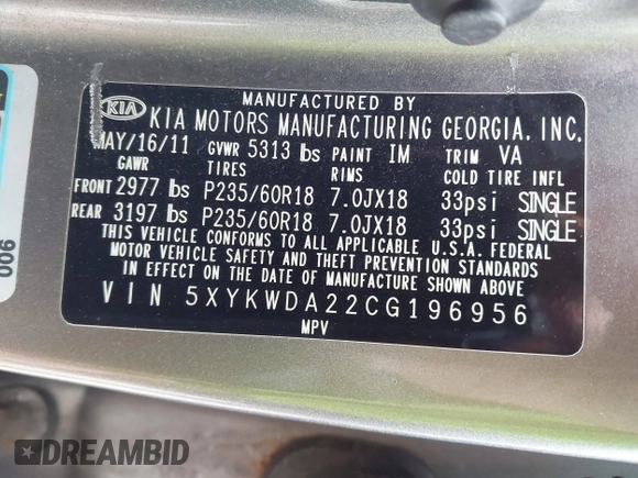 2012 Kia Sorento SX z VIN 5XYKWDA22CG196956, wystawiony jako IAAI lot #42212491 z przebiegiem 190 732 mil mil oraz . Historia ofert i sprzedaży dostępna na DreamBid. Obrazek 9.