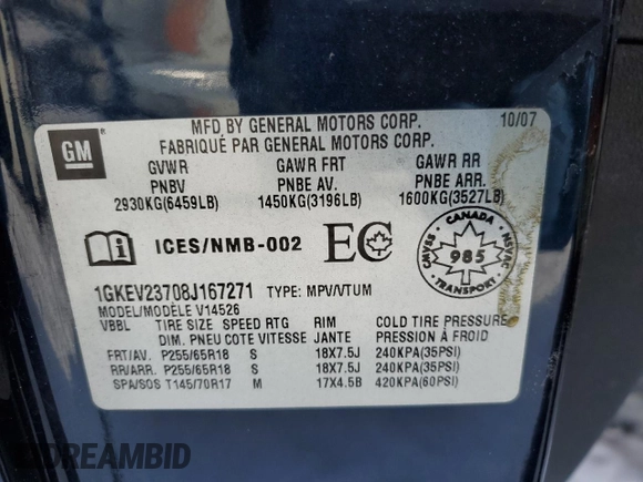2008 GMC Acadia SLT1 with VIN 1GKEV23708J167271, listed as a Copart auction lot 45317055 with Not Provided miles and Non Repairable. Bid and sale history available at DreamBid. Image 13.