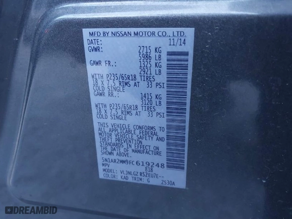 2015 Nissan Pathfinder Platinum with VIN 5N1AR2MM9FC619248, listed as a IAAI auction lot 41818038 with 128,071 mi miles. Bid and sale history available at carsss.com. Image 9.