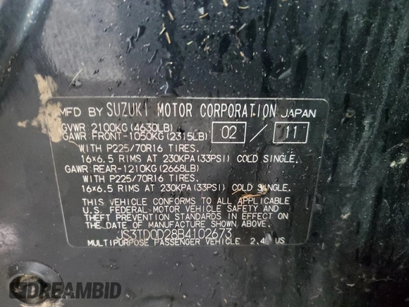 2011 Suzuki Grand Vitara Premium with VIN JS3TD0D28B4102673, listed as a Copart auction lot 43216005 with 141,726 mi miles and Salvage title. Bid and sale history available at DreamBid. Image 13.