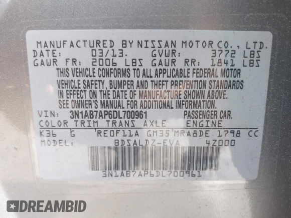 2013 Nissan Sentra S with VIN 3N1AB7AP6DL700961, listed as a IAAI auction lot 42154853 with 177,529 mi miles and . Bid and sale history available at DreamBid. Image 9.