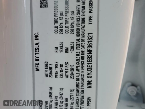 2022 Tesla Model 3 Long Range with VIN 5YJ3E1EB2NF361821, listed as a Copart auction lot 85108664 with 25,021 mi miles and Salvage Title. Bid and sale history available at DreamBid. Image 12.