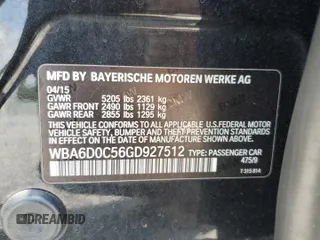 2016 BMW 6 Series 640i with VIN WBA6D0C56GD927512, listed as a Copart auction lot 57964824 with 0 mi miles and Salvage Title. Bid and sale history available at carsss.com. Image 12.