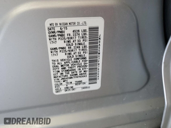 2015 Nissan Rogue S with VIN JN8AS5MV7FW760843, listed as a Copart auction lot 51787475 with 160,420 mi miles and Salvage Title. Bid and sale history available at DreamBid. Image 14.