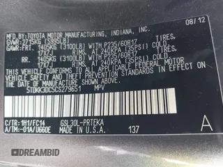 2012 Toyota Sienna LE AAS with VIN 5TDKK3DC5CS279651, listed as a IAAI auction lot 41941859 with 131,262 mi miles and . Bid and sale history available at DreamBid. Image 9.