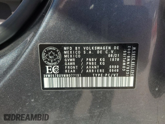 2021 Volkswagen Jetta SEL with VIN 3VWE57BU9MM077191, listed as a Copart auction lot 55070935 with 70,612 mi miles and Salvage title. Bid and sale history available at DreamBid. Image 13.