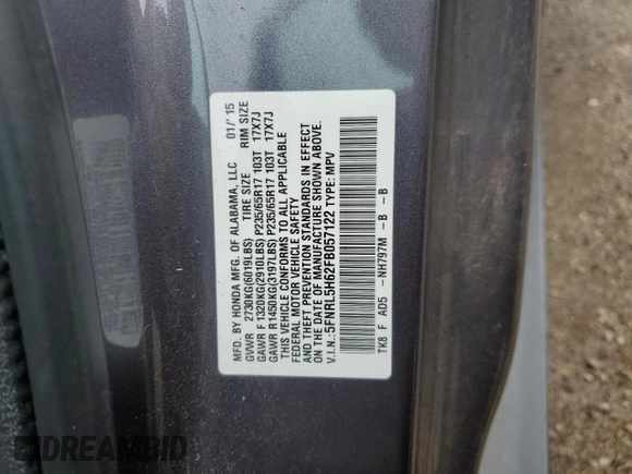 2015 Honda Odyssey EX-L with VIN 5FNRL5H62FB057122, listed as a Copart auction lot 55501945 with 99,731 mi miles and Clean Title. Bid and sale history available at DreamBid. Image 13.