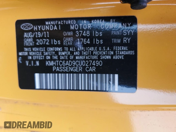 2012 Hyundai Veloster w/Black Int with VIN KMHTC6AD9CU027490, listed as a Copart auction lot 60211855 with 113,836 mi miles and Salvage title. Bid and sale history available at DreamBid. Image 13.