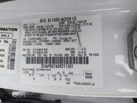 2013 Ford Fusion S with VIN 3FA6P0G76DR211501, listed as a IAAI auction lot 42095275 with 205,716 mi miles. Bid and sale history available at carsss.com. Image 9.