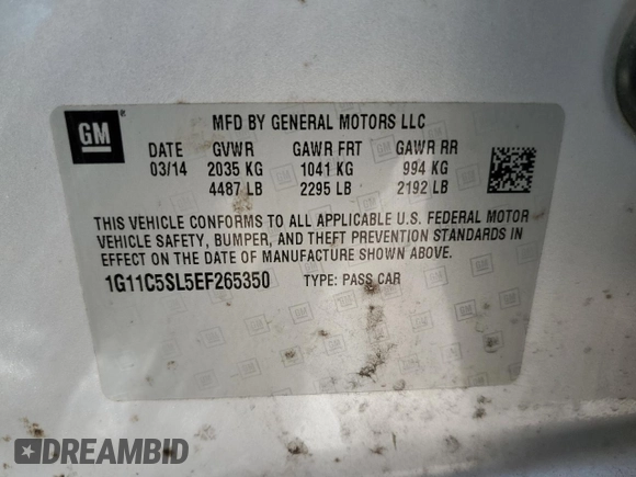 2014 Chevrolet Malibu LT with VIN 1G11C5SL5EF265350, listed as a Copart auction lot 51604655 with 126,537 mi miles and Salvage Title. Bid and sale history available at DreamBid. Image 12.