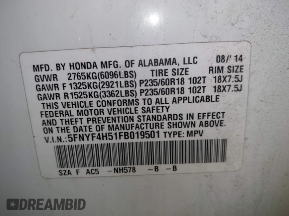 2015 Honda Pilot EX-L with VIN 5FNYF4H51FB019501, listed as a IAAI auction lot 42029926 with 170,755 mi miles and . Bid and sale history available at carsss.com. Image 9.