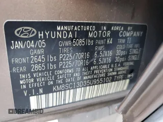 2005 Hyundai Santa Fe GLS with VIN KM8SC13D35U955102, listed as a Copart auction lot 76293854 with 107,406 mi miles and Salvage Title. Bid and sale history available at carsss.com. Image 13.