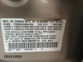 2007 Honda Pilot EX-L with VIN 5FNYF18537B020214, listed as a Copart auction lot 51494905 with 231,880 mi miles and Salvage Title. Bid and sale history available at DreamBid. Image 13.