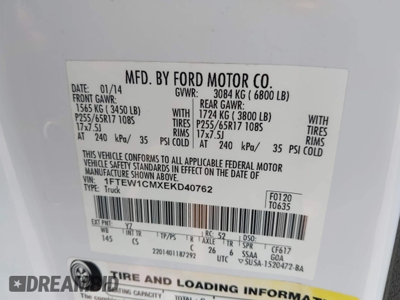 2014 Ford F-150 XL with VIN 1FTEW1CMXEKD40762, listed as a IAAI auction lot 42400704 with 75,769 mi miles and . Bid and sale history available at DreamBid. Image 9.