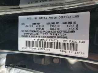 2019 Mazda 3 Preferred with VIN JM1BPBMM4K1136576, listed as a Copart auction lot 55875415 with 52,990 mi miles and Non repairable. Bid and sale history available at DreamBid. Image 12.