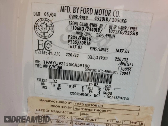 2005 Ford Escape XLT with VIN 1FMYU93135KA59180, listed as a Copart auction lot 69783974 with 126,255 mi miles and Salvage Title. Bid and sale history available at carsss.com. Image 12.