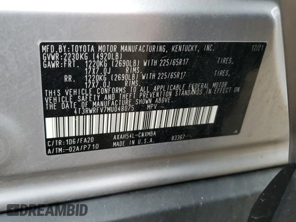 2021 Toyota RAV4 Hybrid XLE with VIN 4T3RWRFV7MU048075, listed as a Copart auction lot 62826975 with 63,347 mi miles and Clean title. Bid and sale history available at DreamBid. Image 13.