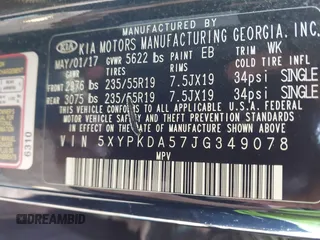 2018 Kia Sorento SX with VIN 5XYPKDA57JG349078, listed as a IAAI auction lot 41136917 with 119,213 mi miles and . Bid and sale history available at carsss.com. Image 9.