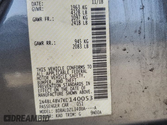 2019 Nissan Altima S with VIN 1N4BL4BV7KC140053, listed as a Copart auction lot 51158135 with 97,978 mi miles and Salvage Title. Bid and sale history available at DreamBid. Image 14.