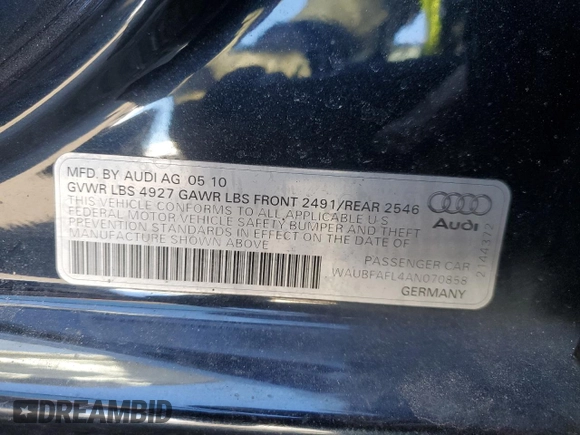 2010 Audi A4 2.0T Premium with VIN WAUBFAFL4AN070858, listed as a Copart auction lot 86452114 with 0 mi miles and Salvage Title. Bid and sale history available at carsss.com. Image 14.