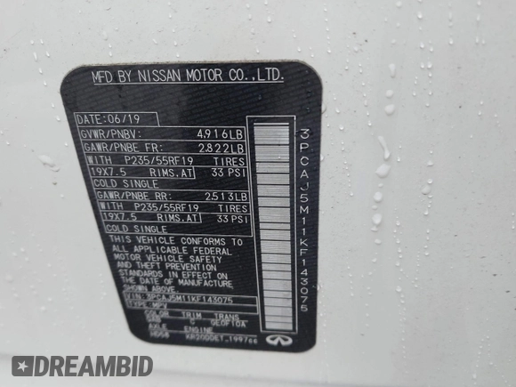 2019 Infiniti QX50 Essential with VIN 3PCAJ5M11KF143075, listed as a IAAI auction lot 41541430 with 68,774 mi miles and . Bid and sale history available at DreamBid. Image 9.