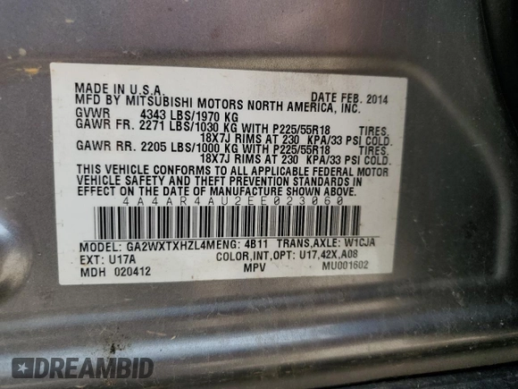 2014 Mitsubishi Outlander SE z VIN 4A4AR4AU2EE023060, wystawiony jako Copart lot #59660495 z przebiegiem 169 570 mil mil oraz Szkoda całkowita • Salvage title. Historia ofert i sprzedaży dostępna na DreamBid. Obrazek 13.