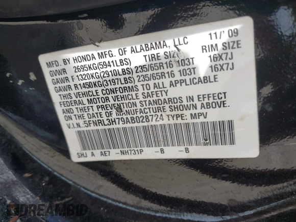2010 Honda Odyssey EX-L with VIN 5FNRL3H79AB028724, listed as a IAAI auction lot 41687998 with 221,852 mi miles. Bid and sale history available at carsss.com. Image 9.