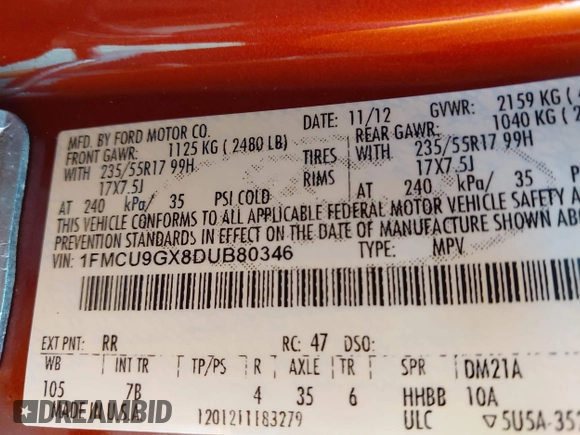 2013 Ford Escape SE with VIN 1FMCU9GX8DUB80346, listed as a IAAI auction lot 42789409 with 157,200 mi miles and . Bid and sale history available at DreamBid. Image 9.