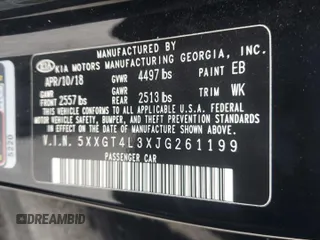 2018 Kia Optima LX with VIN 5XXGT4L3XJG261199, listed as a Copart auction lot 48637255 with 107,293 mi miles and Salvage Title. Bid and sale history available at carsss.com. Image 14.