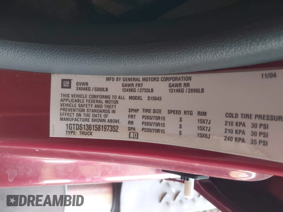 2005 GMC Canyon 1SE SLE Z71 with VIN 1GTDS136158197352, listed as a IAAI auction lot 41289671 with 152,279 mi miles. Bid and sale history available at carsss.com. Image 9.
