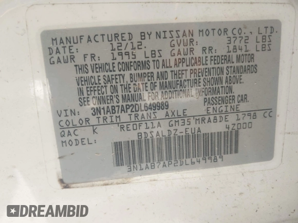 2013 Nissan Sentra SV with VIN 3N1AB7AP2DL649989, listed as a IAAI auction lot 41979236 with 154,815 mi miles and . Bid and sale history available at DreamBid. Image 9.