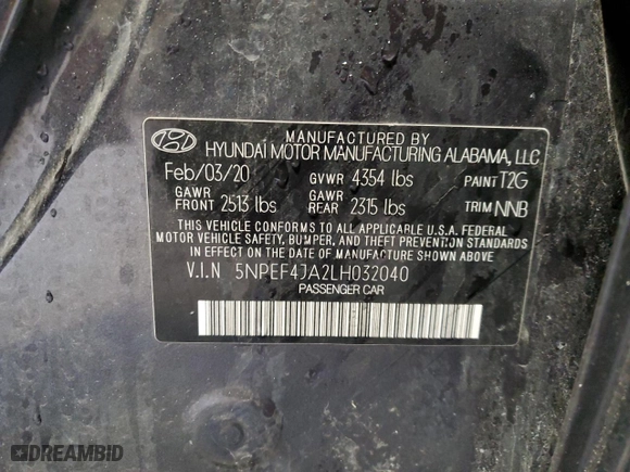 2020 Hyundai Sonata SEL with VIN 5NPEF4JA2LH032040, listed as a Copart auction lot 46369295 with 164,861 mi miles and Salvage Title. Bid and sale history available at carsss.com. Image 13.