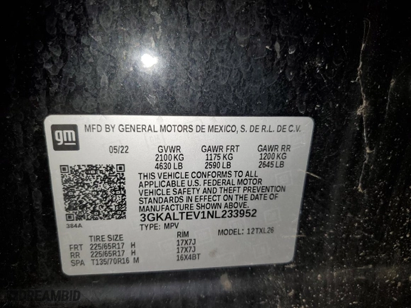 2022 GMC Terrain SLE with VIN 3GKALTEV1NL233952, listed as a Copart auction lot 53841255 with 170,563 mi miles and Clean Title. Bid and sale history available at carsss.com. Image 13.