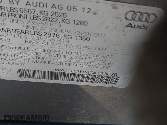 2012 Audi Q5 3.2L Premium Plus with VIN WA1DKAFP6CA113076, listed as a IAAI auction lot 41282805 with 152,146 mi miles. Bid and sale history available at carsss.com. Image 9.