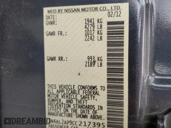 2012 Nissan Altima SL with VIN 1N4AL2AP9CC217395, listed as a Copart auction lot 54267135 with 118,401 mi miles and Salvage Title. Bid and sale history available at DreamBid. Image 13.