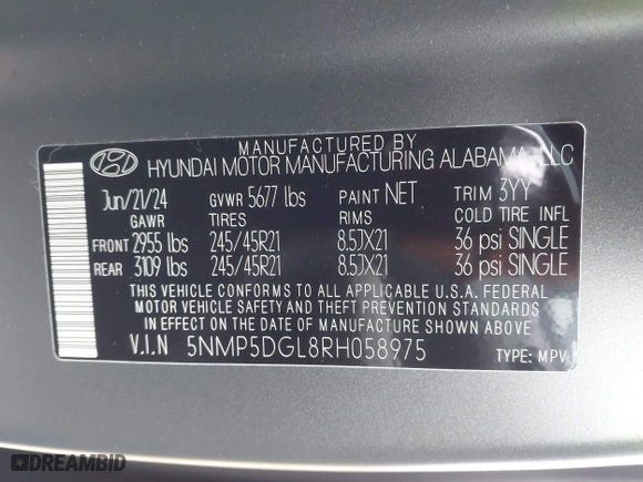 2024 Hyundai Santa Fe Calligraphy with VIN 5NMP5DGL8RH058975, listed as a IAAI auction lot 41254984 with 6,270 mi miles. Bid and sale history available at carsss.com. Image 9.