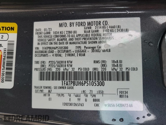 2023 Ford Mustang EcoBoost z VIN 1FATP8UH6P5105300, wystawiony jako Copart lot #64236215 z przebiegiem 47 117 mil mil oraz Nie do naprawy • Non repairable. Historia ofert i sprzedaży dostępna na DreamBid. Obrazek 13.