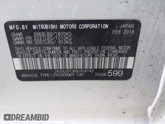 2016 Mitsubishi Lancer ES with VIN JA32U2FU6GU009743, listed as a IAAI auction lot 42088471 with 149,639 mi miles. Bid and sale history available at carsss.com. Image 9.