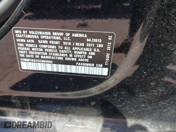 2012 Volkswagen Passat SE with VIN 1VWBP7A31CC084092, listed as a IAAI auction lot 41855831 with 91,252 mi miles. Bid and sale history available at carsss.com. Image 9.