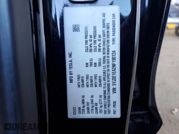 2022 Tesla Model 3 with VIN 5YJ3E1EA2NF190124, listed as a Copart auction lot 48759565 with 137,726 mi miles and Clean Title. Bid and sale history available at carsss.com. Image 12.