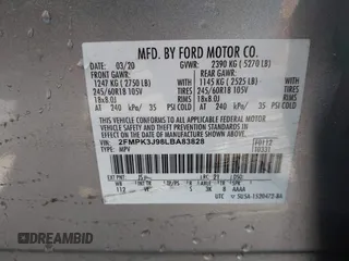 2020 Ford Edge SEL with VIN 2FMPK3J98LBA83828, listed as a IAAI auction lot 42585669 with 60,704 mi miles and . Bid and sale history available at DreamBid. Image 9.