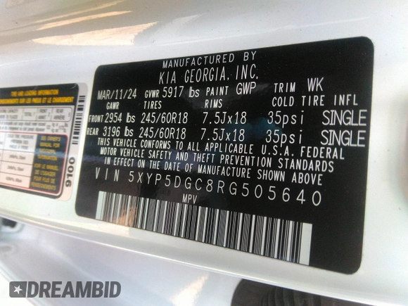 2024 Kia Telluride SX Prestige with VIN 5XYP5DGC8RG505640, listed as a IAAI auction lot 41781775 with 14,232 mi miles and . Bid and sale history available at DreamBid. Image 9.