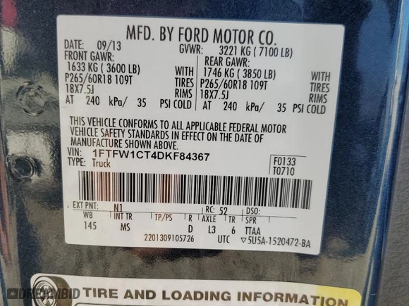 2013 Ford F-150 XL with VIN 1FTFW1CT4DKF84367, listed as a Copart auction lot 45874535 with 119,373 mi miles and Clean Title. Bid and sale history available at carsss.com. Image 12.